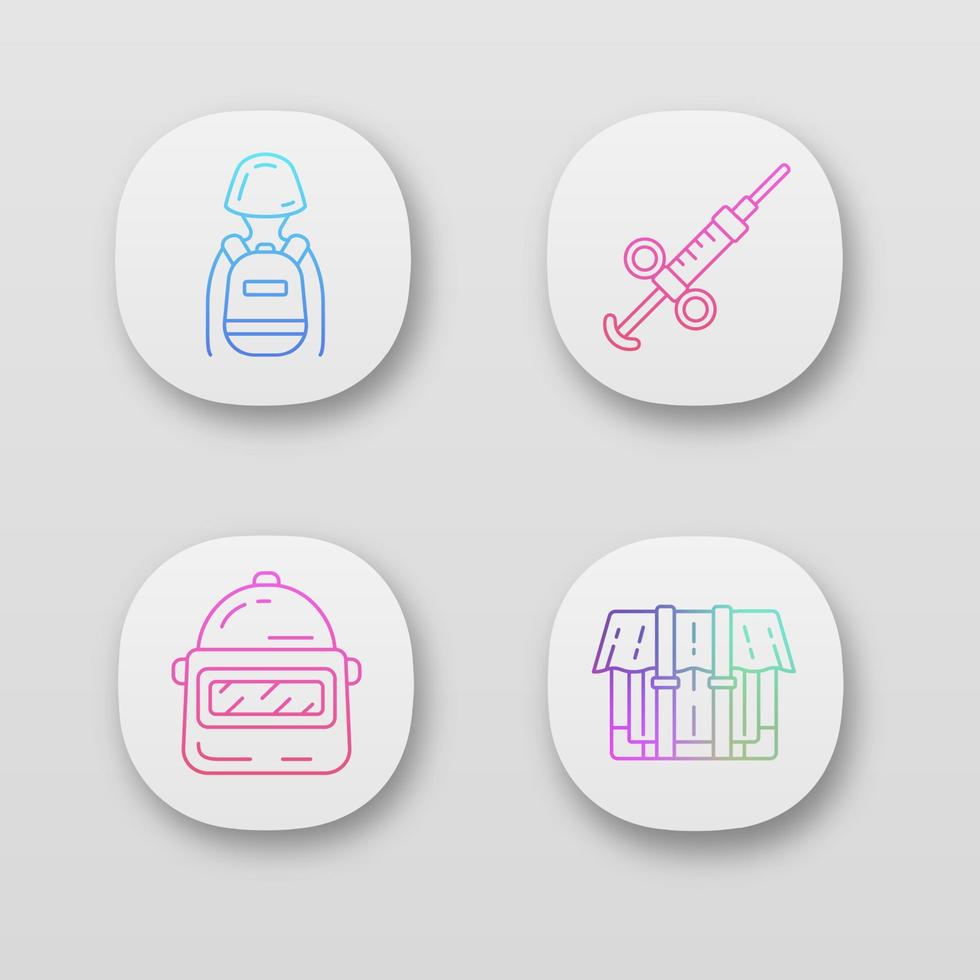 Online game inventory app icons set. Shooter game equipment. Tactical backpack, adrenaline syringe, helmet, package. UI UX user interface. Web or mobile applications. Vector isolated illustrations