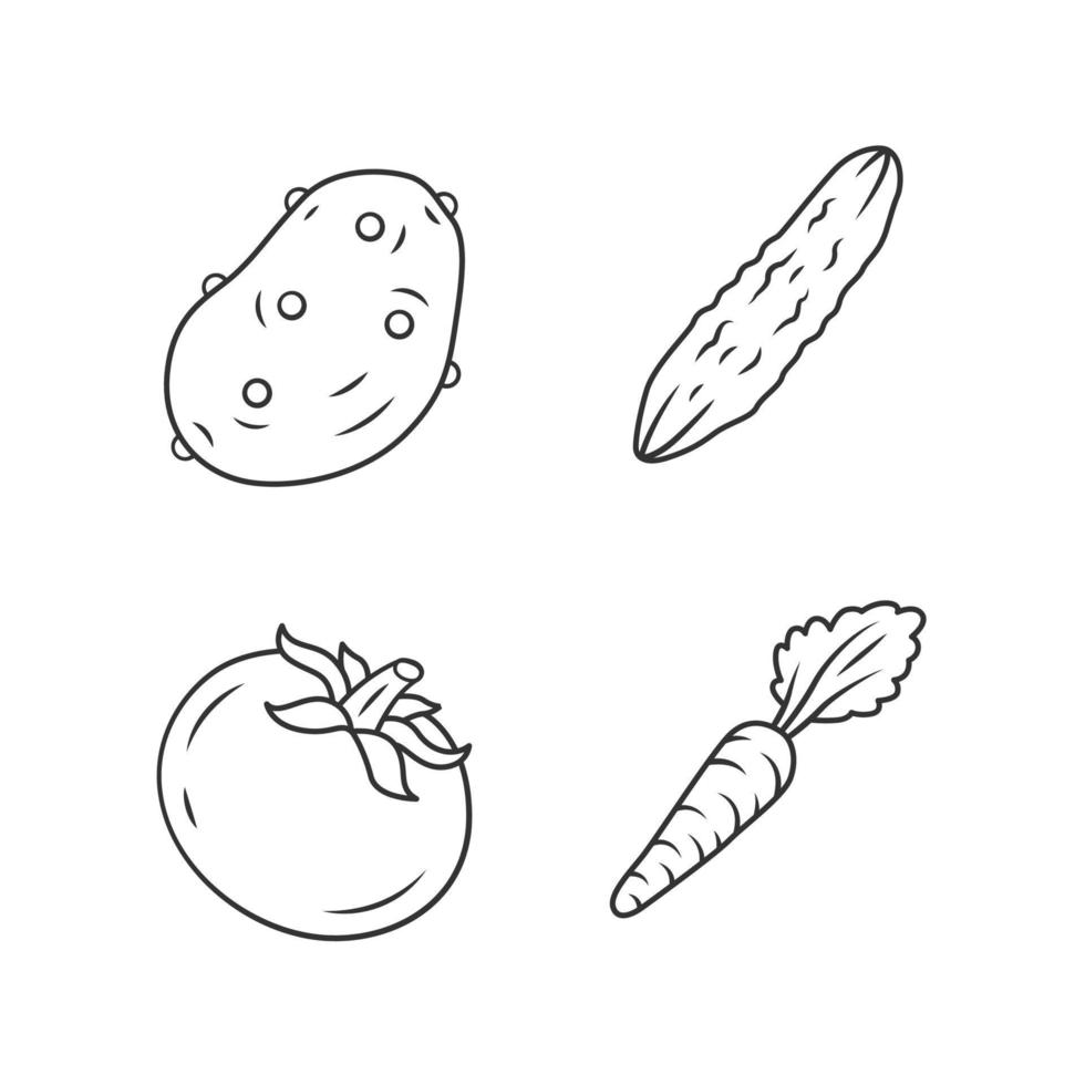 Vegetables linear icons set. Potato, cucumber, tomato, carrot. Vitamin and diet. Healthy nutrition ingredient. Thin line contour symbols. Isolated vector outline illustrations. Editable stroke