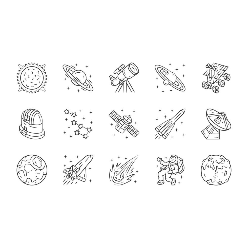 conjunto de iconos lineales de astronomía. exploración espacial. observaciones astronómicas. estudio del cielo estrellado. astrofísica, astrología. símbolos de contorno de línea delgada. ilustraciones aisladas de contorno vectorial. trazo editable vector