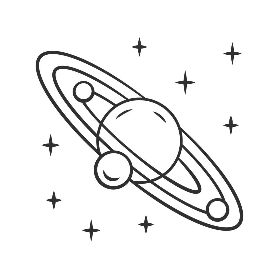 Solar system linear icon. Celestial bodies orbiting star. Sun planetary system. Planet and three satellites. Thin line illustration. Contour symbol. Vector isolated outline drawing. Editable stroke