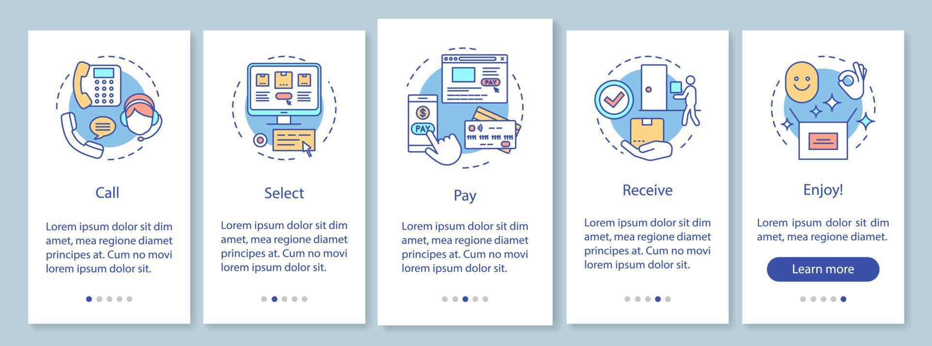 Online shopping onboarding mobile app page screen vector template. Call, select, pay, receive, enjoy. Digital purchase website steps with linear illustrations. UX, UI, GUI smartphone interface concept