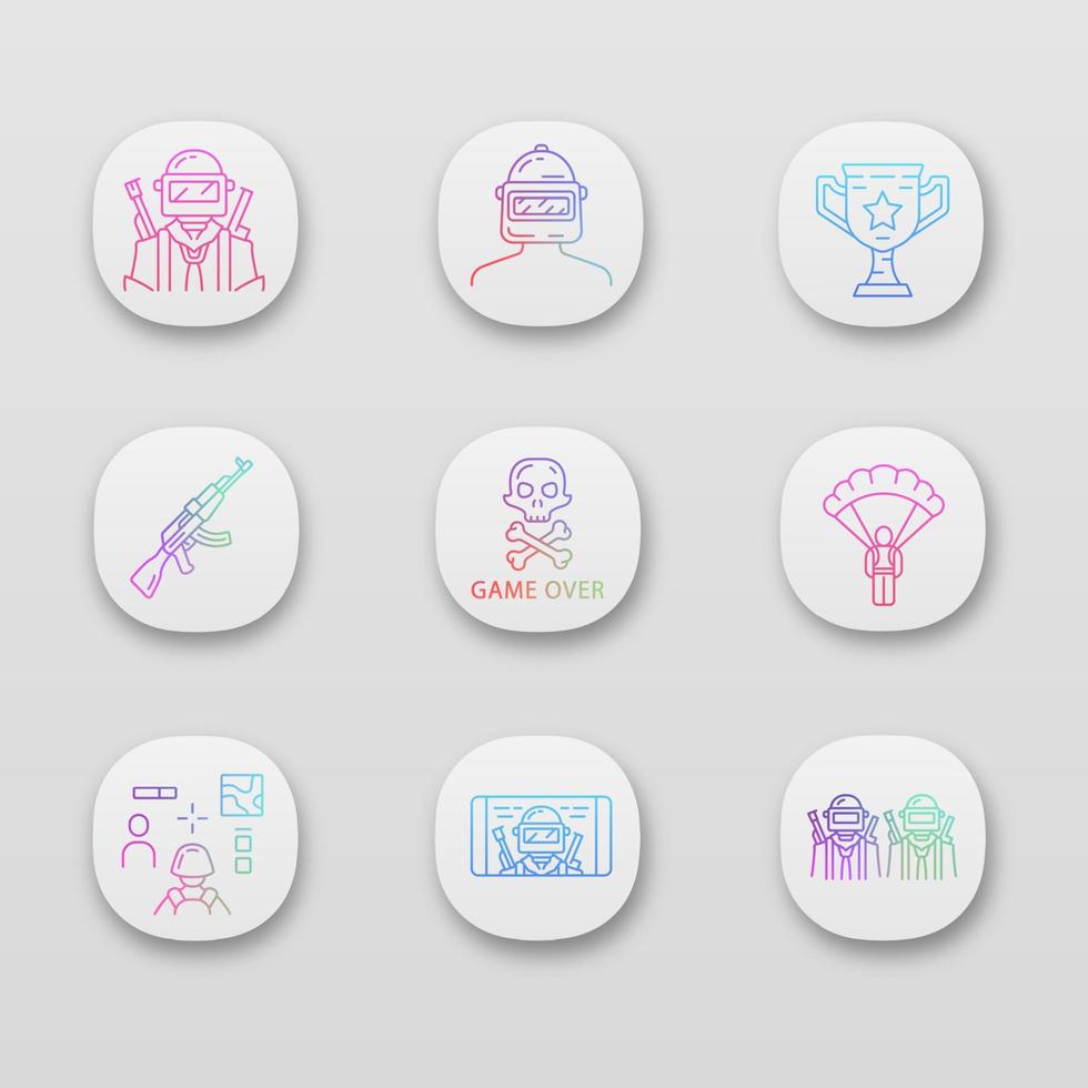 Game inventory app icons set. Player, helmet, trophy, weapon, game over, parachute, esports team, shooter. UI UX user interface. Web or mobile applications. Vector isolated illustrations