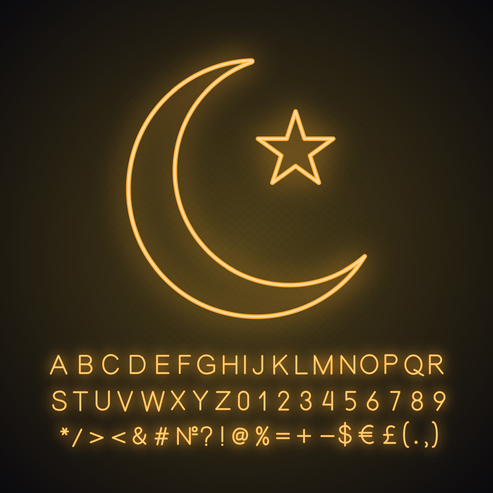 Star and crescent moon neon light icon. Ottoman flag. Ramadan moon. Glowing sign with alphabet