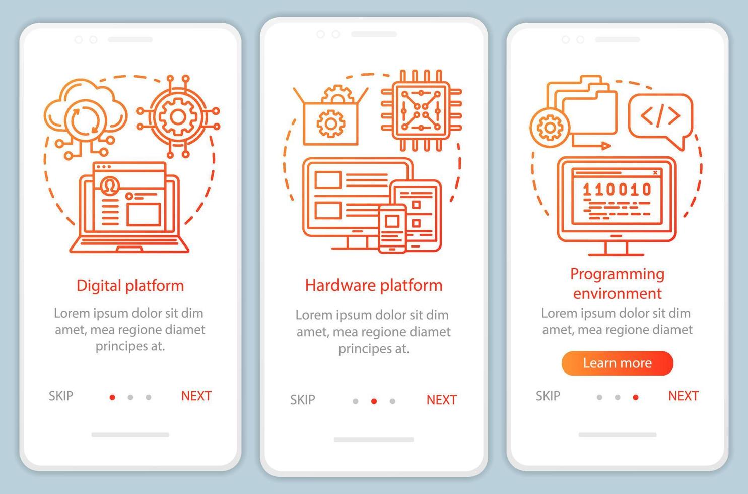 plantilla de vector de pantalla de página de aplicación móvil de incorporación de entorno de programación. desarrollo de software, codificación. paso a paso del sitio web con ilustraciones lineales. ux, ui, concepto de interfaz de teléfono inteligente gui