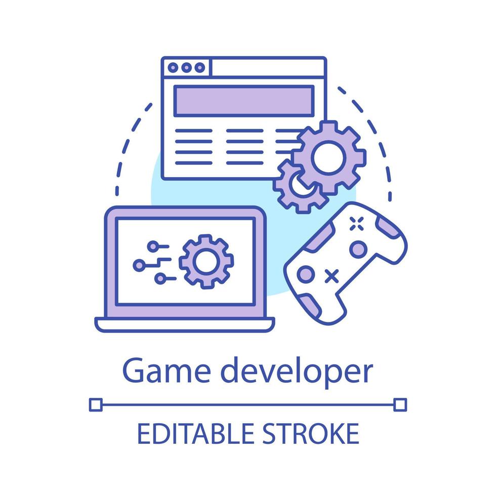 Game developer concept icon. Search, install, configure game. Programmer work. Gaming software programming, testing idea thin line illustration. Vector isolated outline drawing. Editable stroke