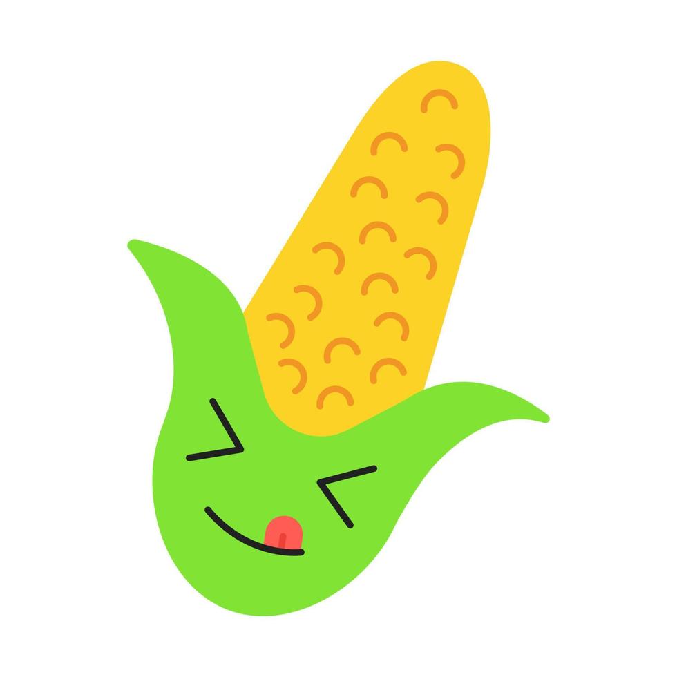 Corn cute kawaii flat design long shadow character. Happy vegetable with stuck out tongue and closed eyes. Laughing food. Funny emoji, emoticon, savoring. Vector isolated silhouette illustration