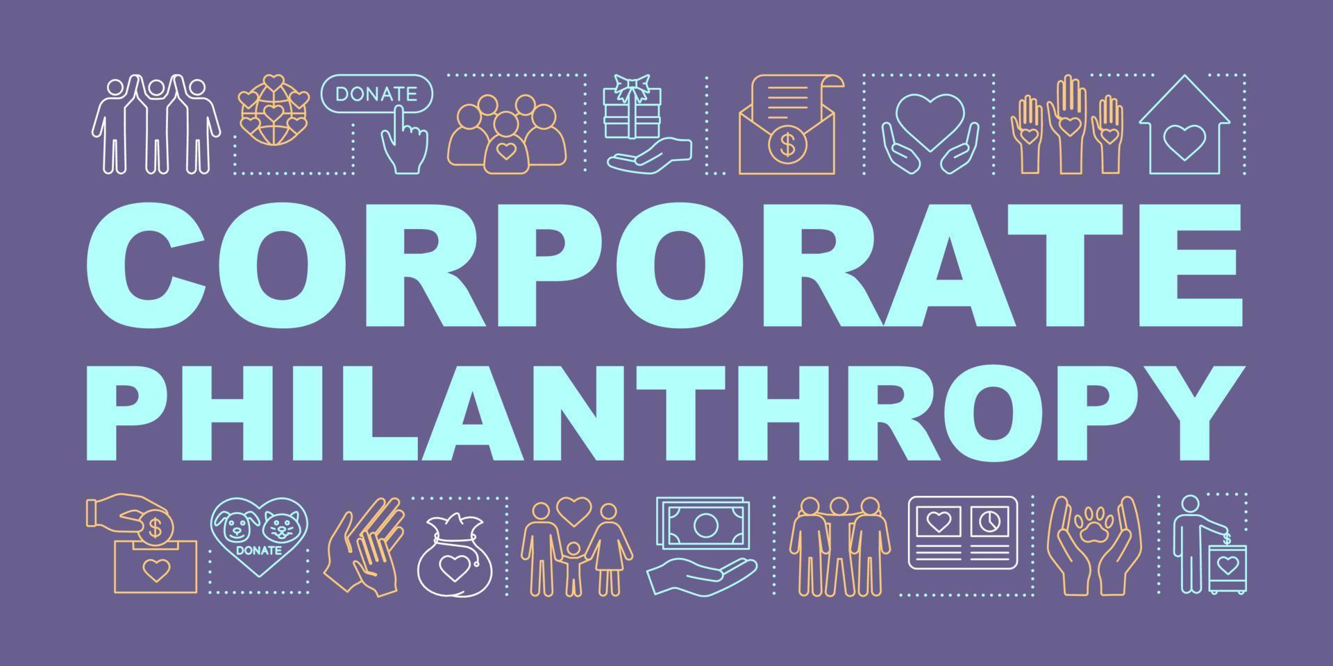 Corporate philanthropy word concepts banner. Charity and volunteering. Social responsibility. Isolated lettering typography. Charitable organization. Social welfare. Vector outline illustration