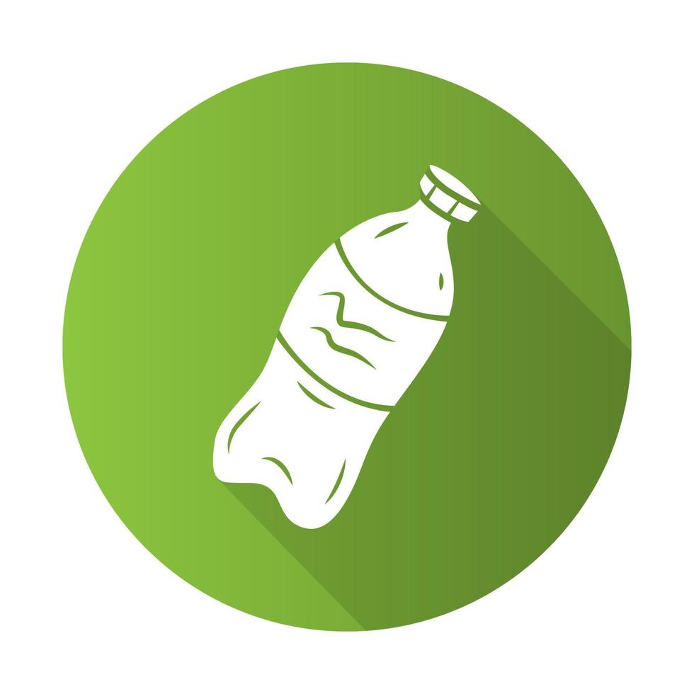 icono de glifo de sombra larga de diseño plano de botella de plástico. Respetuoso con el medio ambiente, material reciclado. botella vacía reutilizable. desperdicio de agua potable. embalaje de ahorro ecológico. ilustración de silueta vectorial vector