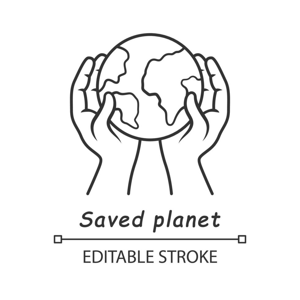 Saved planet linear icon. Environmental sustainability. World protection. Global Earth day. Ecology saving.Thin line illustration. Contour symbol. Vector isolated outline drawing. Editable stroke