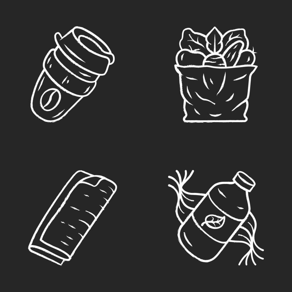 Zero waste swaps handmade chalk icons set. Eco friendly, organic, sustainable products. Recycling materials. Reusable coffee cup, eco shampoo, cloth napkins. Isolated vector chalkboard illustrations