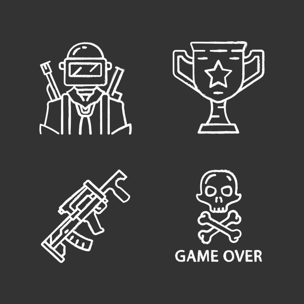 conjunto de iconos de tiza de inventario de juegos en línea. esports, ciberdeportes. batalla real computadora, equipo de videojuegos. soldado, copa ganadora, arma, fin del juego. Ilustraciones de vector pizarra