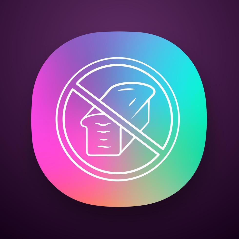 Low carb diet app icon. Carbohydrate and gluten free product. UI UX user interface. Unhealthy food refuse. No bread sign. Web or mobile application. Bread loaf vector isolated illustration