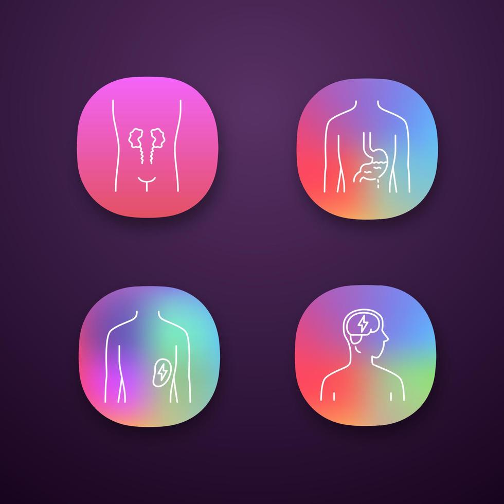Ill human organs app icons set. Sore kidneys and spleen. Aching stomach. Unhealthy brain. Sick internal body parts. UI UX user interface. Web or mobile applications. Vector isolated illustrations