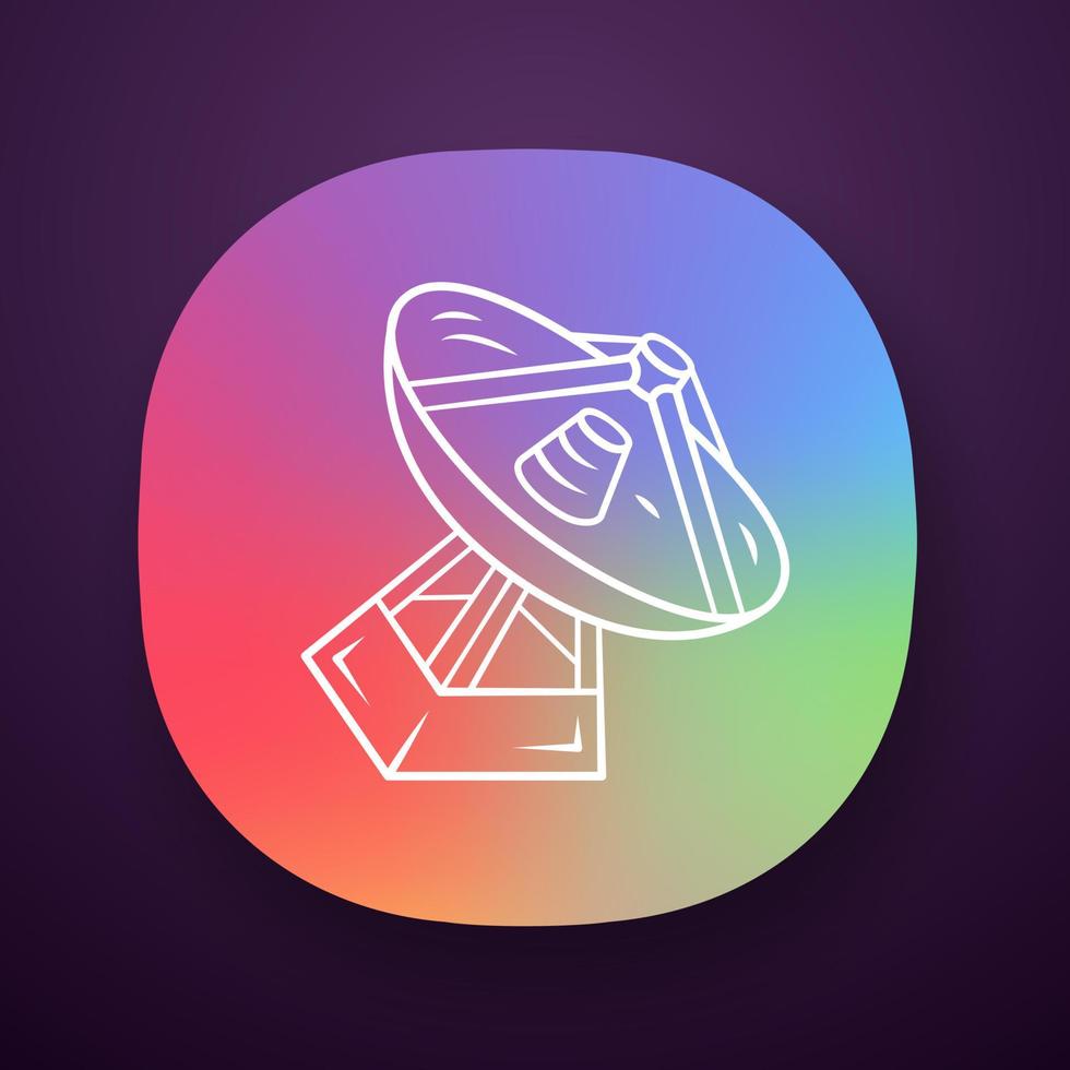 Radio telescope app icon. Antenna and radio receiver. Parabolic antenna. Tracking satellites and space probes. UI UX user interface. Web or mobile application. Vector isolated illustration