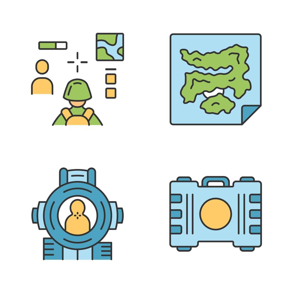 Online game inventory color icons set. Esports, cybersports. Battle royale. Computer, video game equipment. Map, container, shooting aim, 3d shooter. Isolated vector illustrations