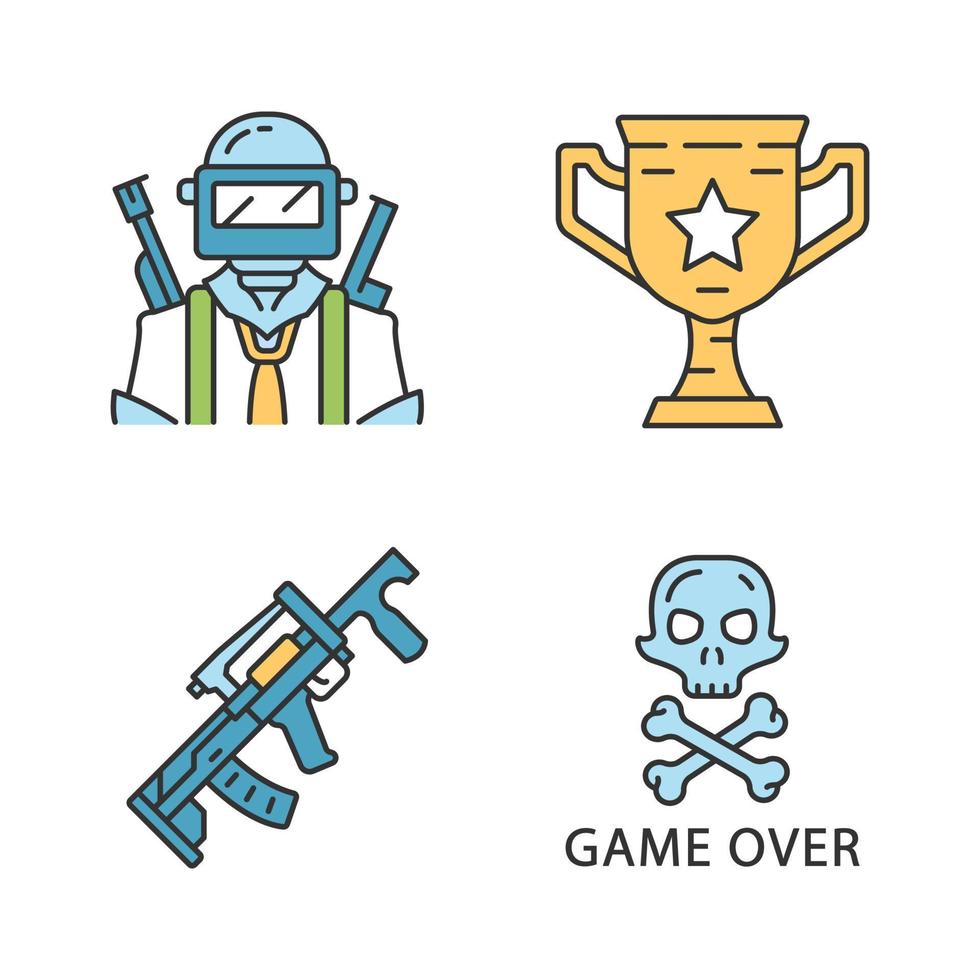 conjunto de iconos de color de inventario de juegos en línea. esports, ciberdeportes. batalla real computadora, equipo de videojuegos. soldado, copa ganadora, arma, fin del juego. ilustraciones de vectores aislados