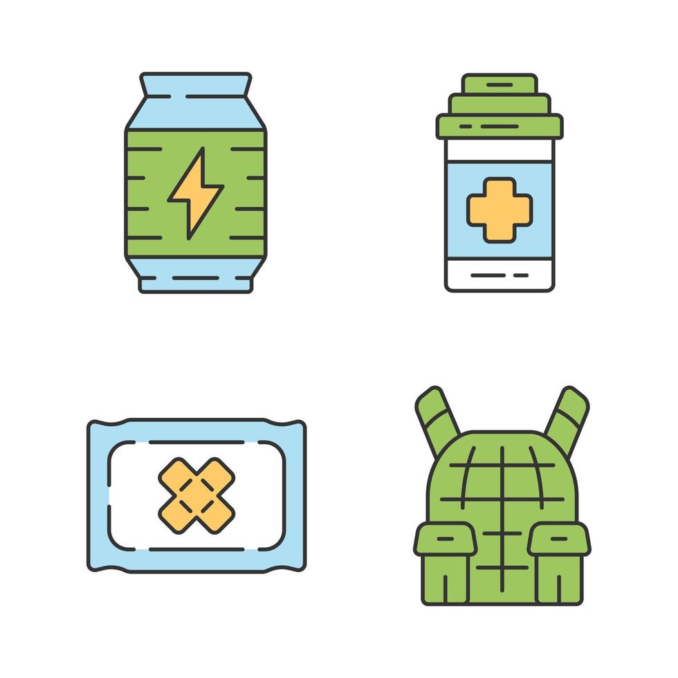 Online game inventory color icons set. Esports, cybersports. Battle royale. Computer game equipment. Energy drink, medical bandage, painkiller, body armor. Isolated vector illustrations