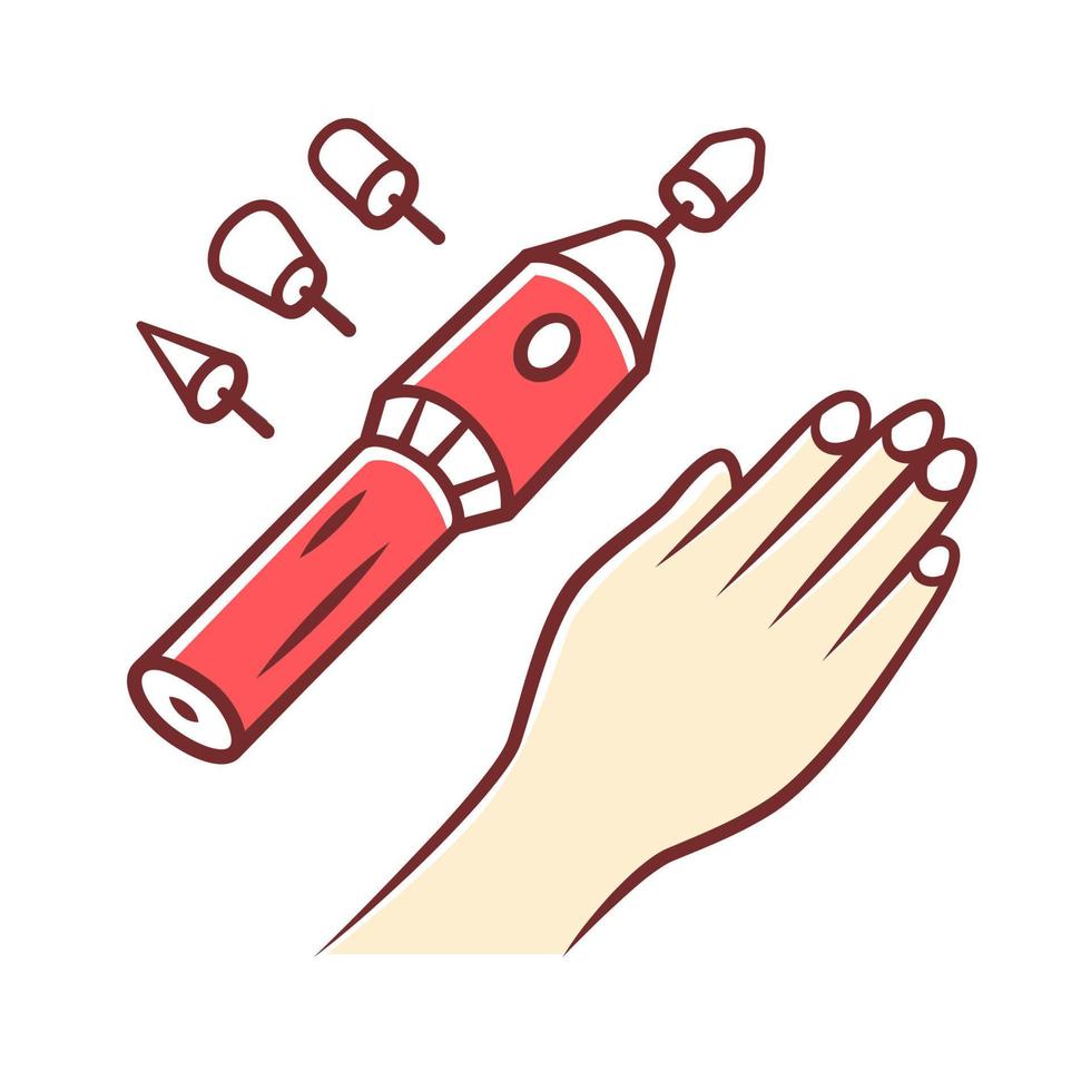 Electric manicure color icon. Electric nail file drill and nozzles. Beauty device for salon and home use. Nail care. Hand hygiene. Beauty instrument. Salon procedure. Isolated vector illustration