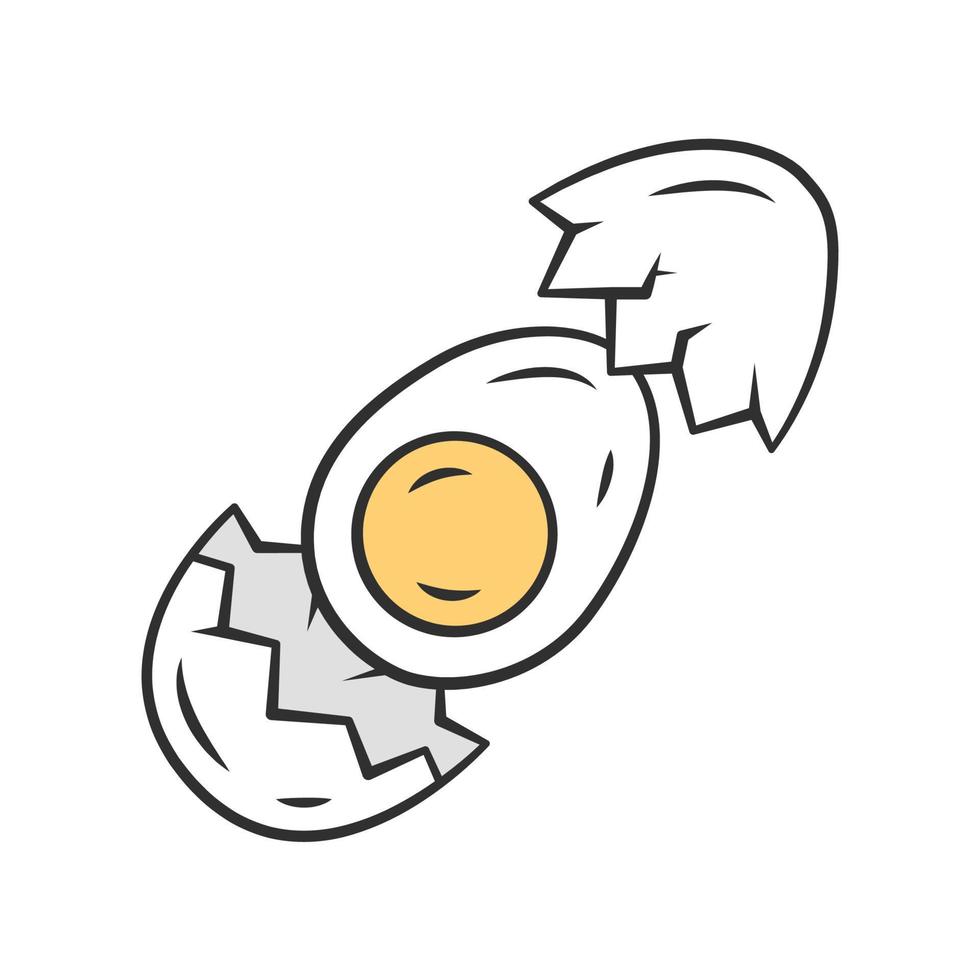 Egg color icon. Salad, breakfast dish ingredient. High protein and cholesterol diet product. Hard boiled chicken egg white and yolk half with broken eggshell isolated vector illustration