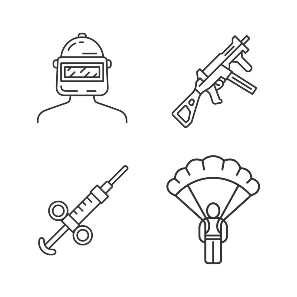 conjunto de iconos lineales de inventario de juegos en línea. esports casco de seguridad, arma, pistola, paracaídas, jeringa de adrenalina. símbolos de contorno de línea delgada. ilustraciones aisladas de contorno vectorial. trazo editable vector