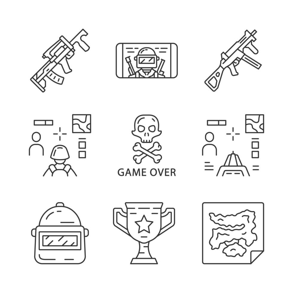 Online game linear icons set. Weapon, gun, 3d and from first person shooter, game over, map, trophy, helmet, mobile game. Thin line contour symbols. Isolated outline illustrations. Editable stroke vector