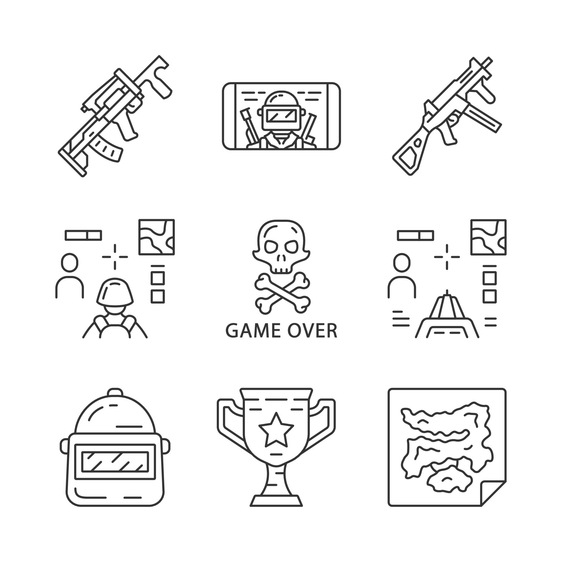 Online game linear icons set. Weapon, gun, 3d and from first person shooter, game over, map, trophy, helmet, mobile game. Thin line contour symbols