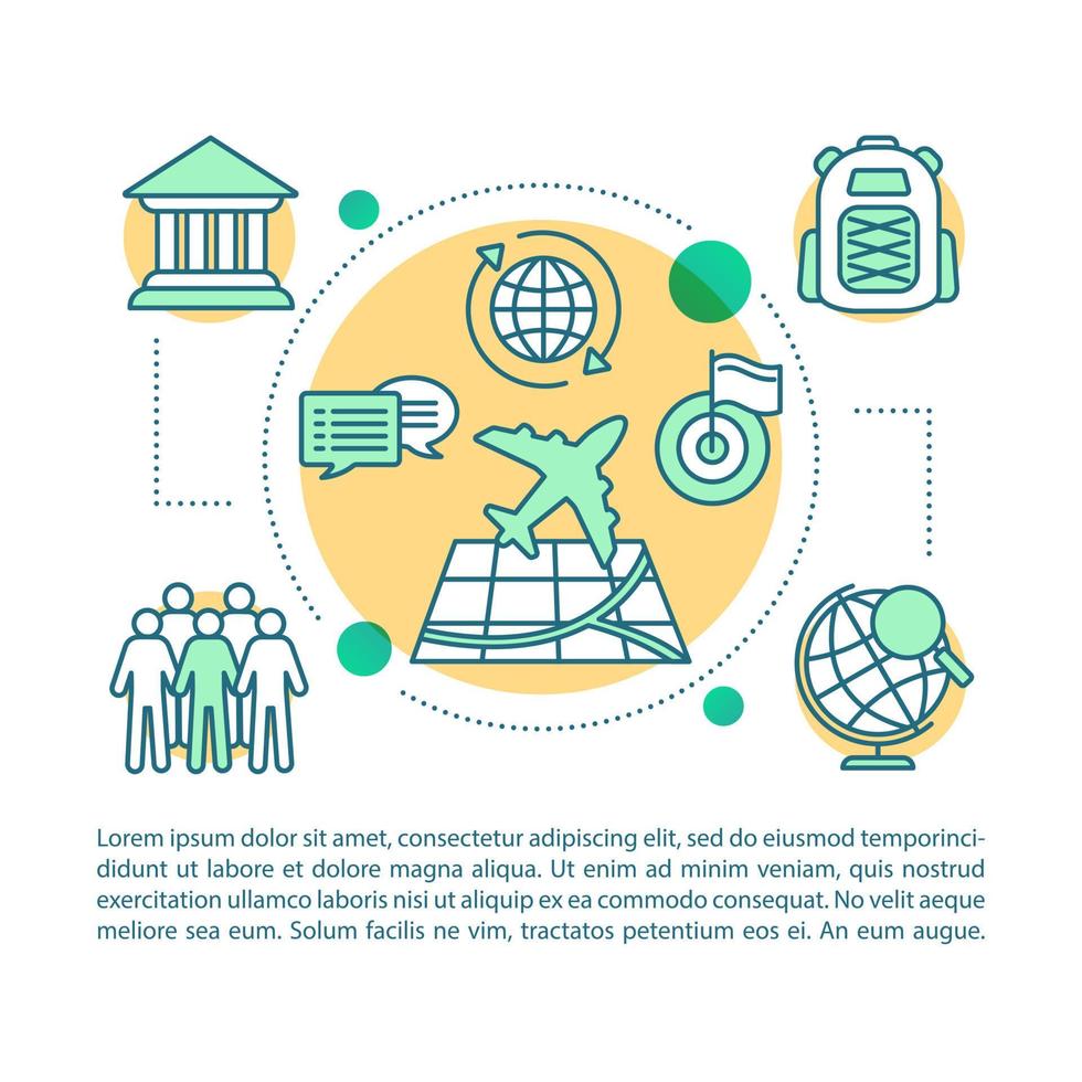 Discover world article page vector template. Travel agency. Vacation destinations. Brochure, magazine, booklet design element, linear icons, text boxes. Print design. Concept illustrations, text space
