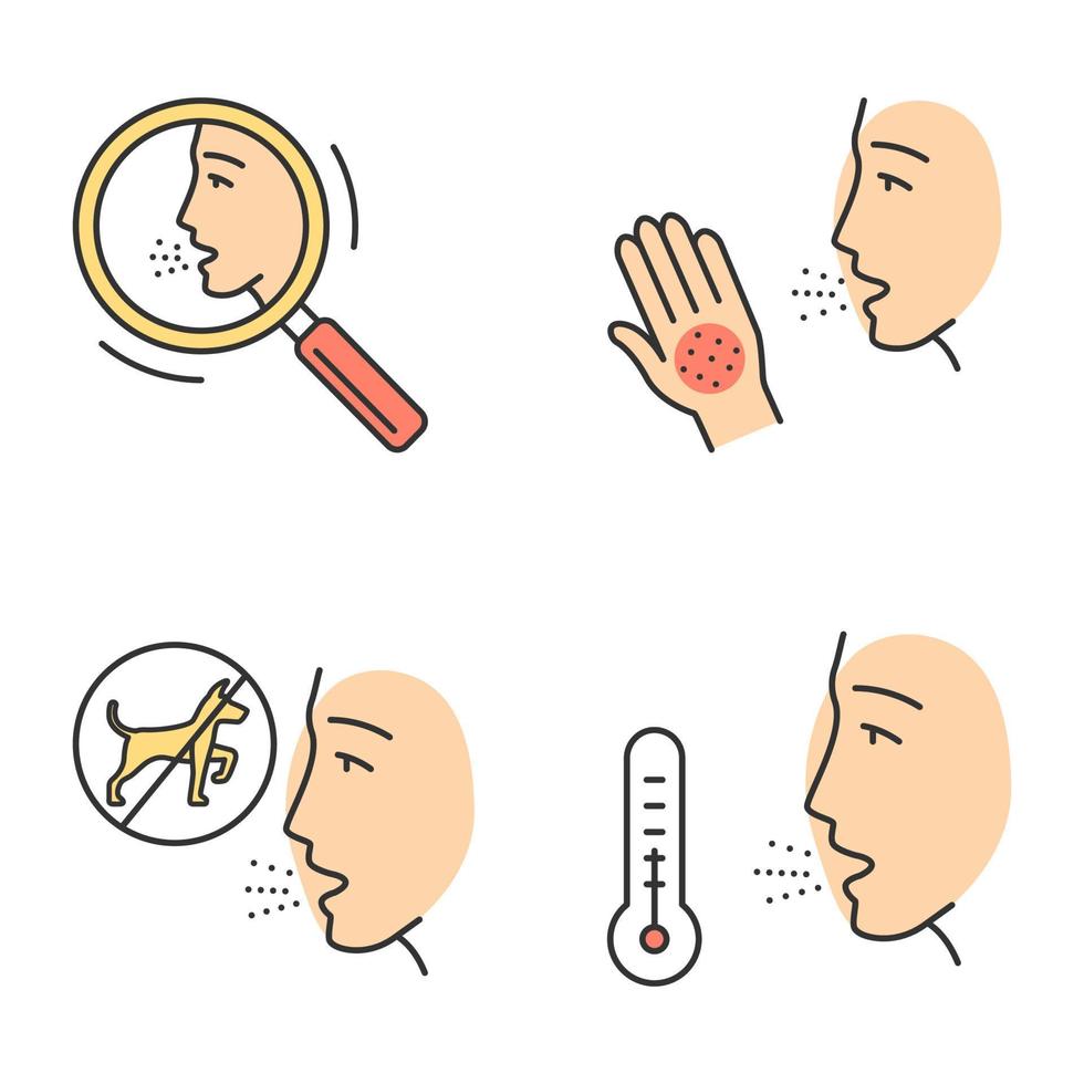 Allergies color icons set. Allergic reactions and diagnosis. Respiratory and skin diseases. Health care. Hypersensitivity of immune system. Medical problem. Isolated vector illustrations
