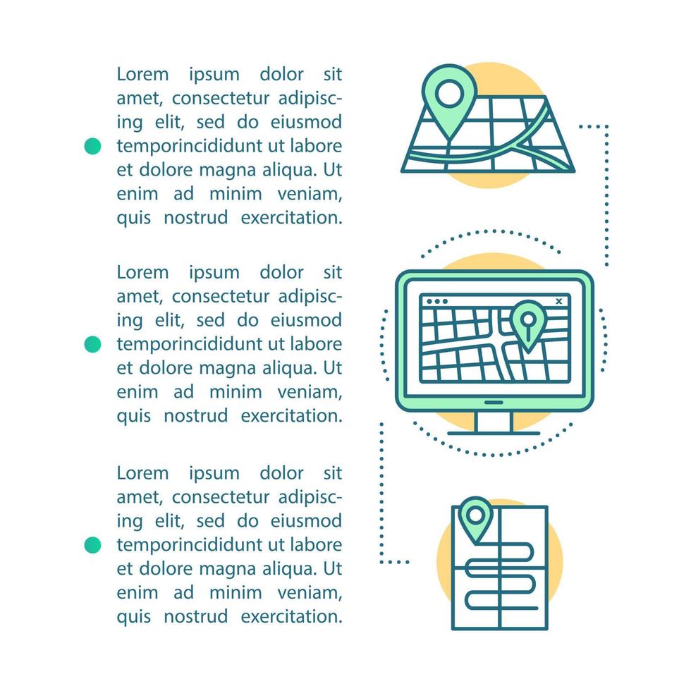 Destinations article page vector template. Travel agency. Tourist map. Vacation offer. Brochure, magazine design element, linear icons, text boxes. Print design. Concept illustrations, text space