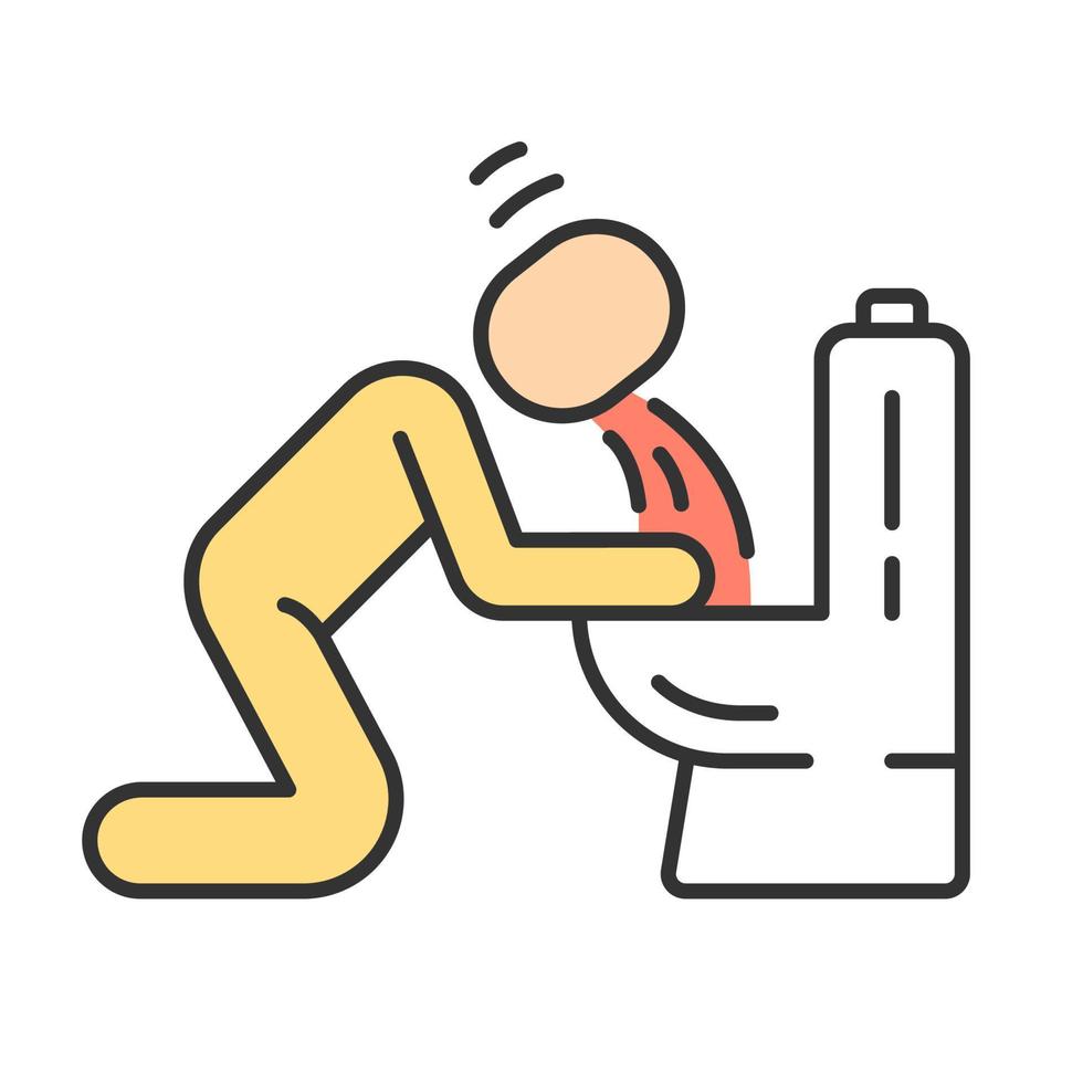 Vomiting, nausea color icon. Allergy, food poisoning, hangover symptom. Upset stomach. Human throwing up, puking in bathroom. Pregnancy morning sickness, toxicosis. Isolated vector illustration