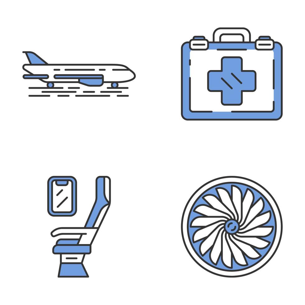 Aviation services color icons set. Plane on ground. Airplane comfortable seating, first aid kit, jet turbine. Aircraft travel. Journey amenity. Airline facilities. Isolated vector illustrations