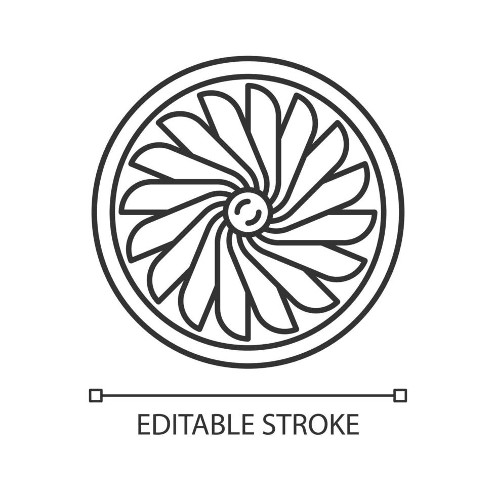 Plane turbine linear icon. Airplane equipment. Jet propeller. Aeroengine. Aviation service. Motor running. Thin line illustration. Contour symbol. Vector isolated outline drawing. Editable stroke