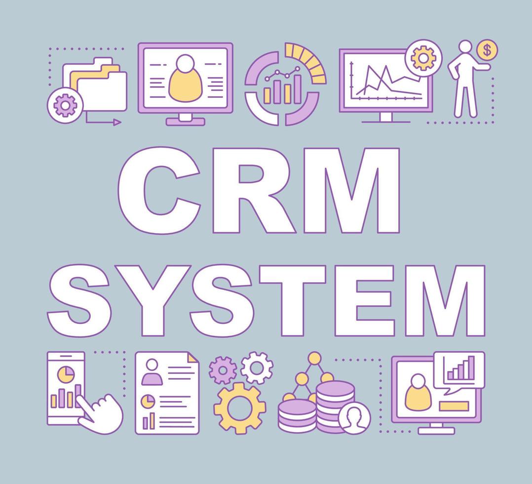 banner de conceptos de palabras del sistema crm. identidad del cliente. base de datos de cliente. software de ordenador. presentación, sitio web. idea de tipografía de letras aisladas con iconos lineales. ilustración de contorno vectorial vector