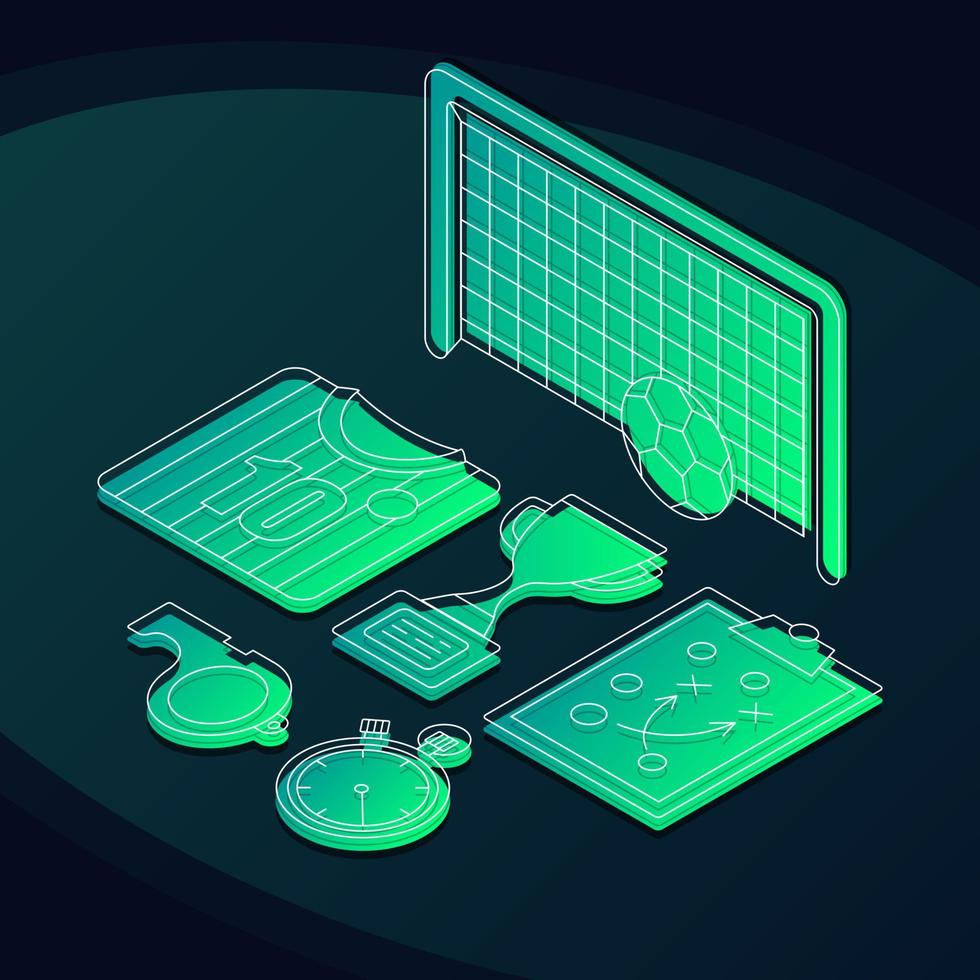 Soccer isometric color vector illustration. Football equipment linear icons infographic. Play sports 3d concept. Championship, tournament, competition. Team play web design on dark green background