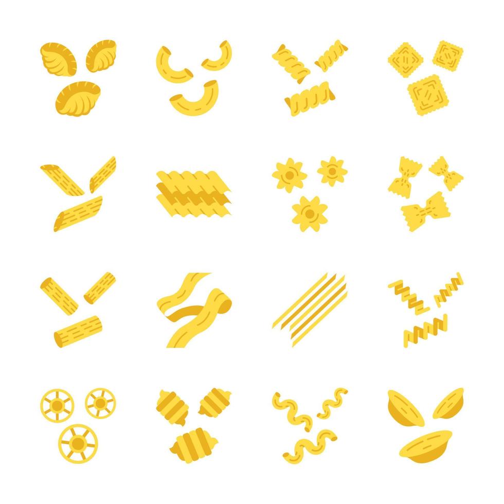 conjunto de iconos de color de sombra larga de diseño plano de fideos de pasta. macarrones italianos. productos de masa moldeados y secos. surtido de comestibles de harina seca. tipos de fideos. Ilustraciones de silueta vector