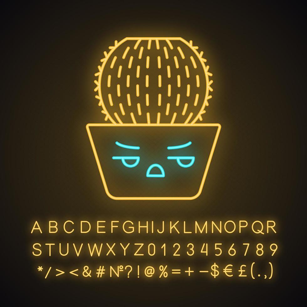 Barrel cactus cute kawaii neon light character. Cactus with angry face. Echinocactus home cacti in pot. Funny emoji, emoticon. Glowing icon, alphabet, numbers, symbols. Vector isolated illustration