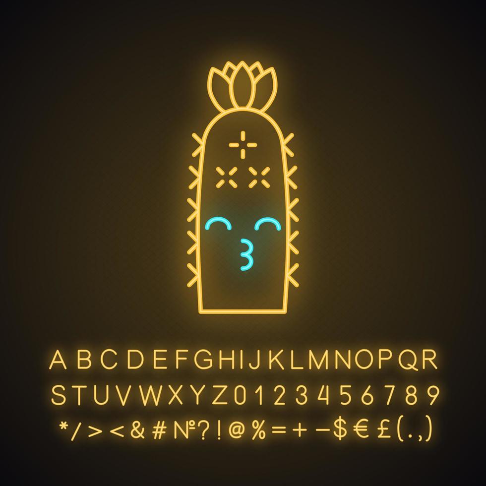 Hedgehog cactus cute kawaii neon light character. Cactus with kissing face. Echinopsis. Happy plant. Funny emoji, emoticon. Glowing icon with alphabet, numbers, symbols. Vector isolated illustration