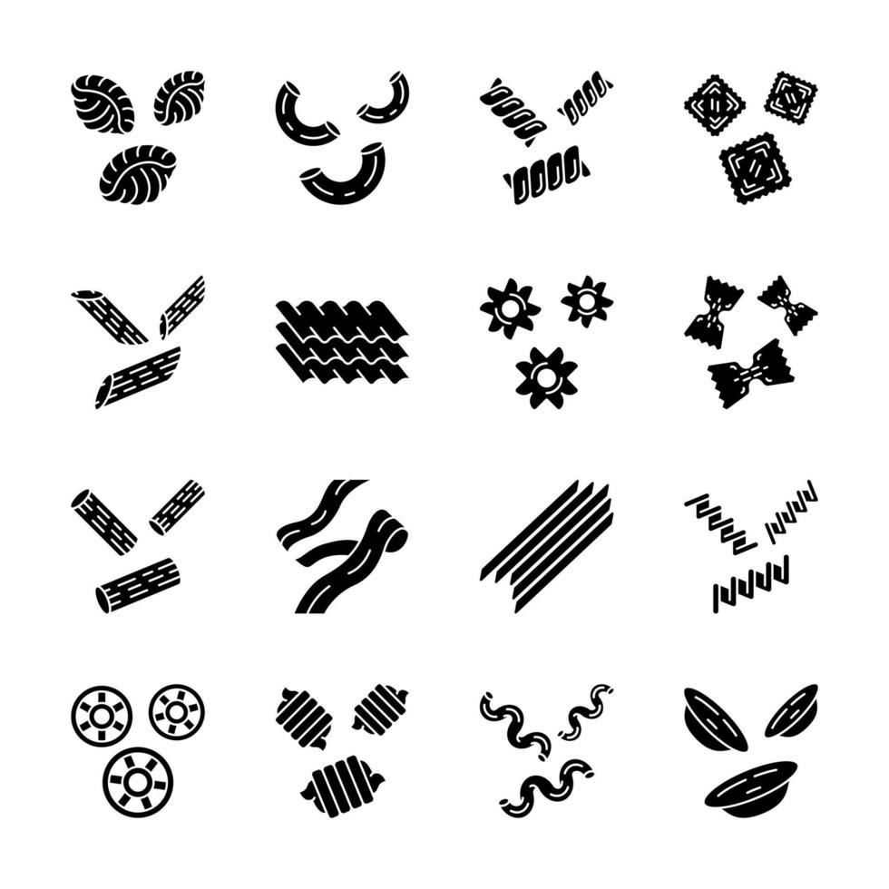 Pasta noodles glyph icons set. Italian traditional macaroni. Shaped, dried unleavened dough products. Dry flour groceries. Different types of noodles. Silhouette symbols. Vector isolated illustration