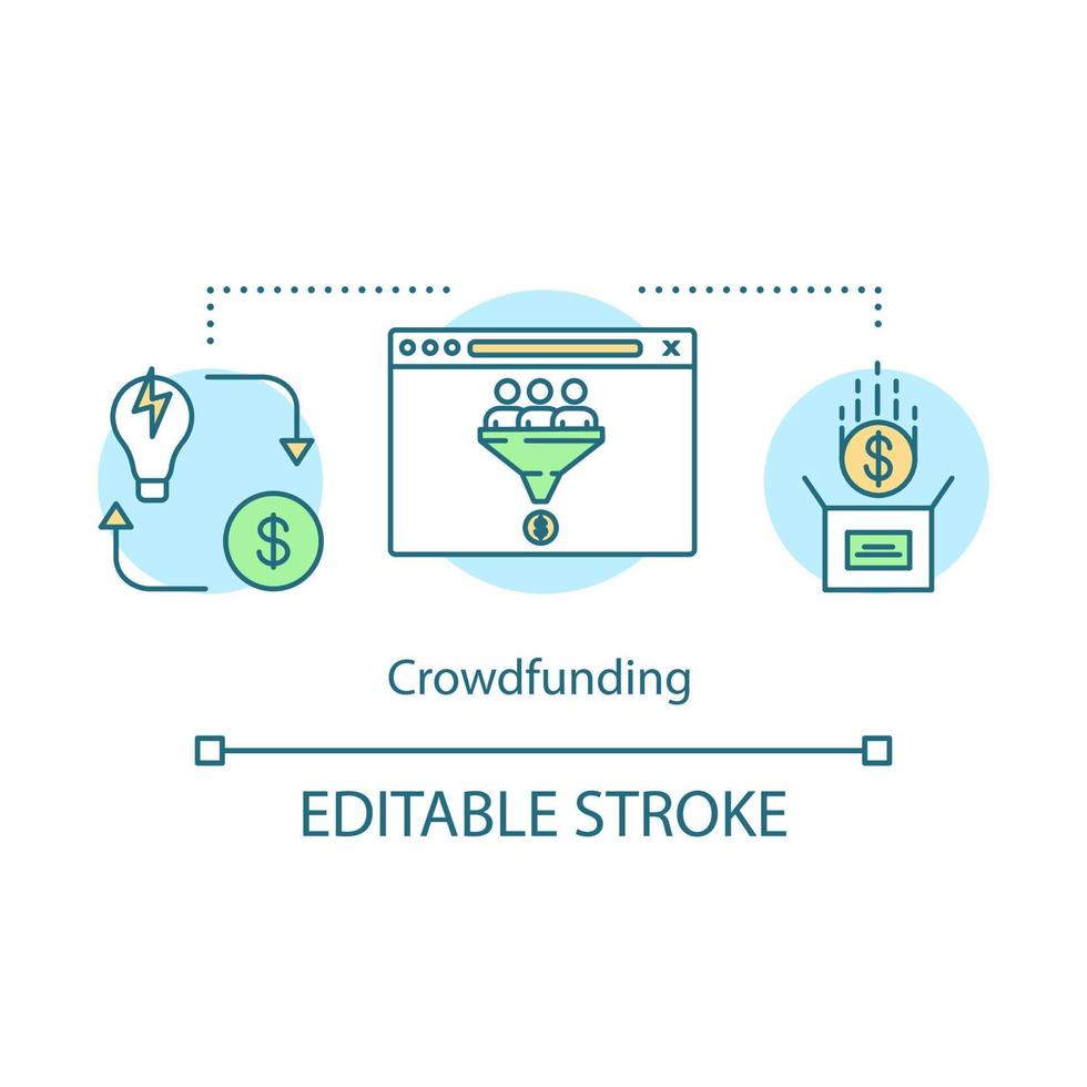 Crowdfunding concept icon. Startup fundraising. Crowdsourcing. Budgeting. Project funding. Online funding campaign idea thin line illustration. Vector isolated outline drawing. Editable stroke