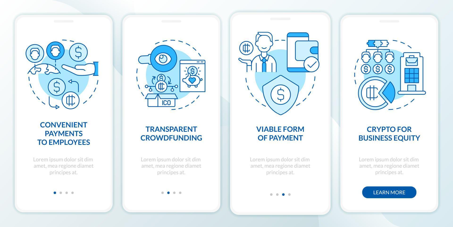 Crypto-currency advantages in usage blue onboarding mobile app screen. Walkthrough 4 steps graphic instructions pages with linear concepts. UI, UX, GUI template vector