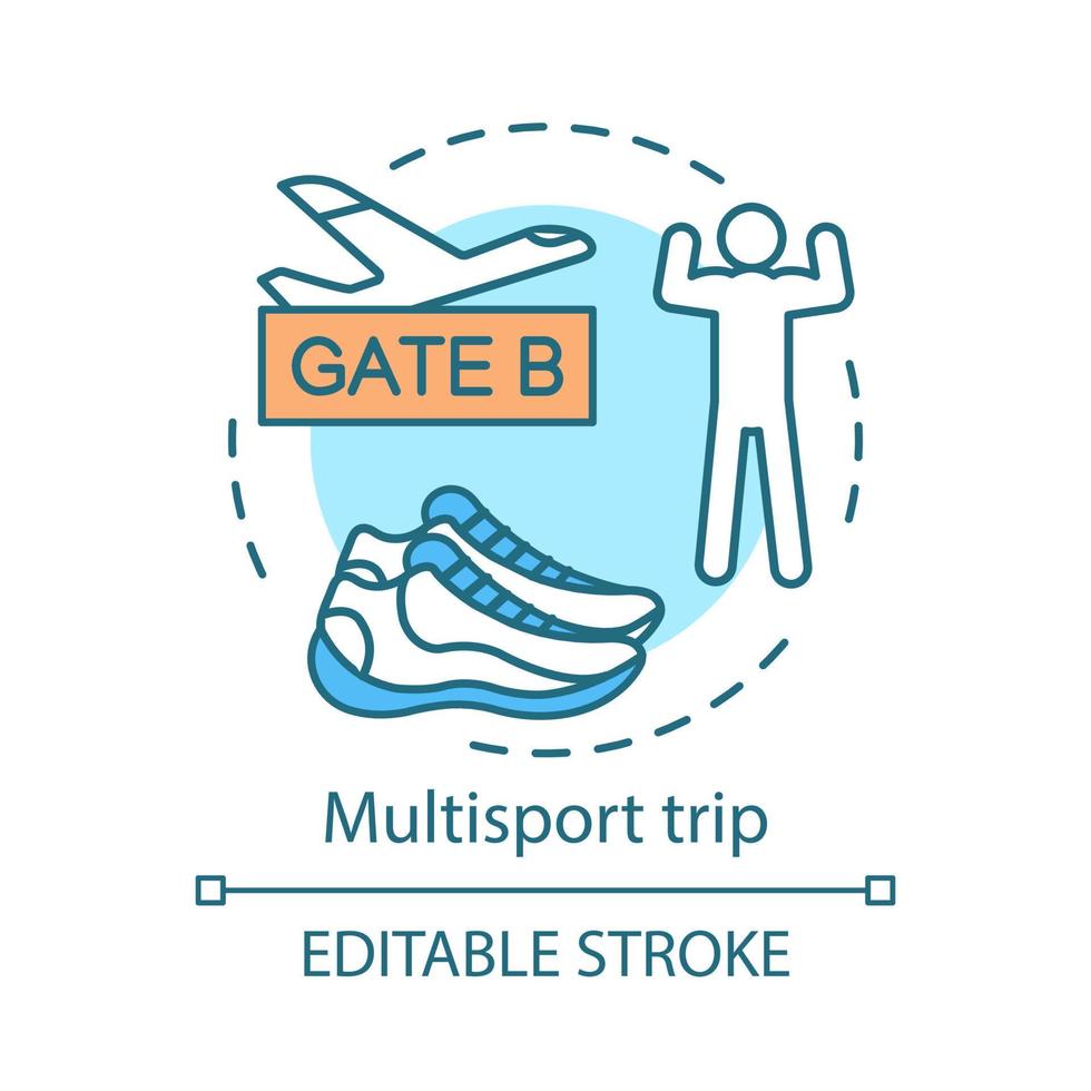 Multisport trip concept icon. Travel style idea thin line illustration. Active voyage. Extreme tourism. Vacation destinations. Vector isolated outline drawing. Editable stroke