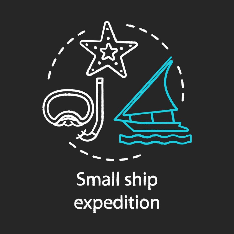 Small ship expedition chalk concept icon. Travel experience idea. Marine tourism. Scuba diving. Ocean exploration. Cruise liner. Vector isolated chalkboard illustration