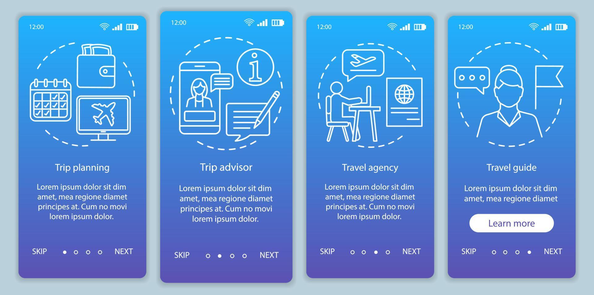 Traveling onboarding mobile app page screen vector template. Travel agency and guide. Walkthrough website steps with linear illustrations. Trip planning. UX, UI, GUI smartphone interface concept