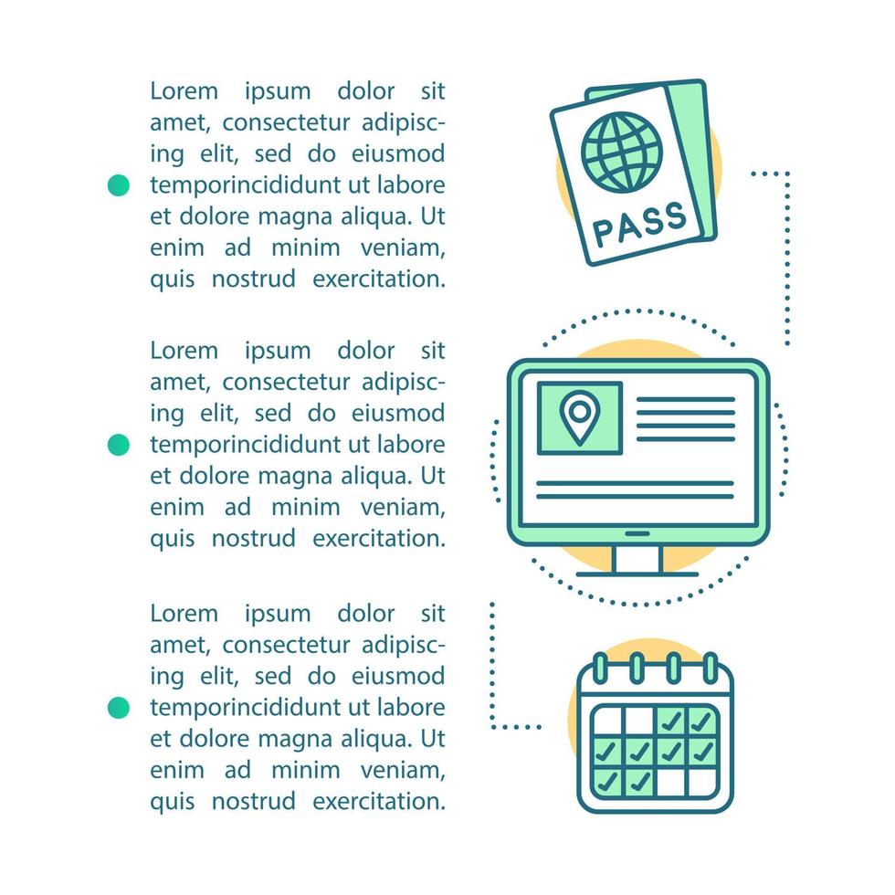 Trip planner article page vector template. Travel agency. Computer, mobile app. Brochure, magazine, booklet design element, linear icons, text boxes. Print design. Concept illustrations, text space