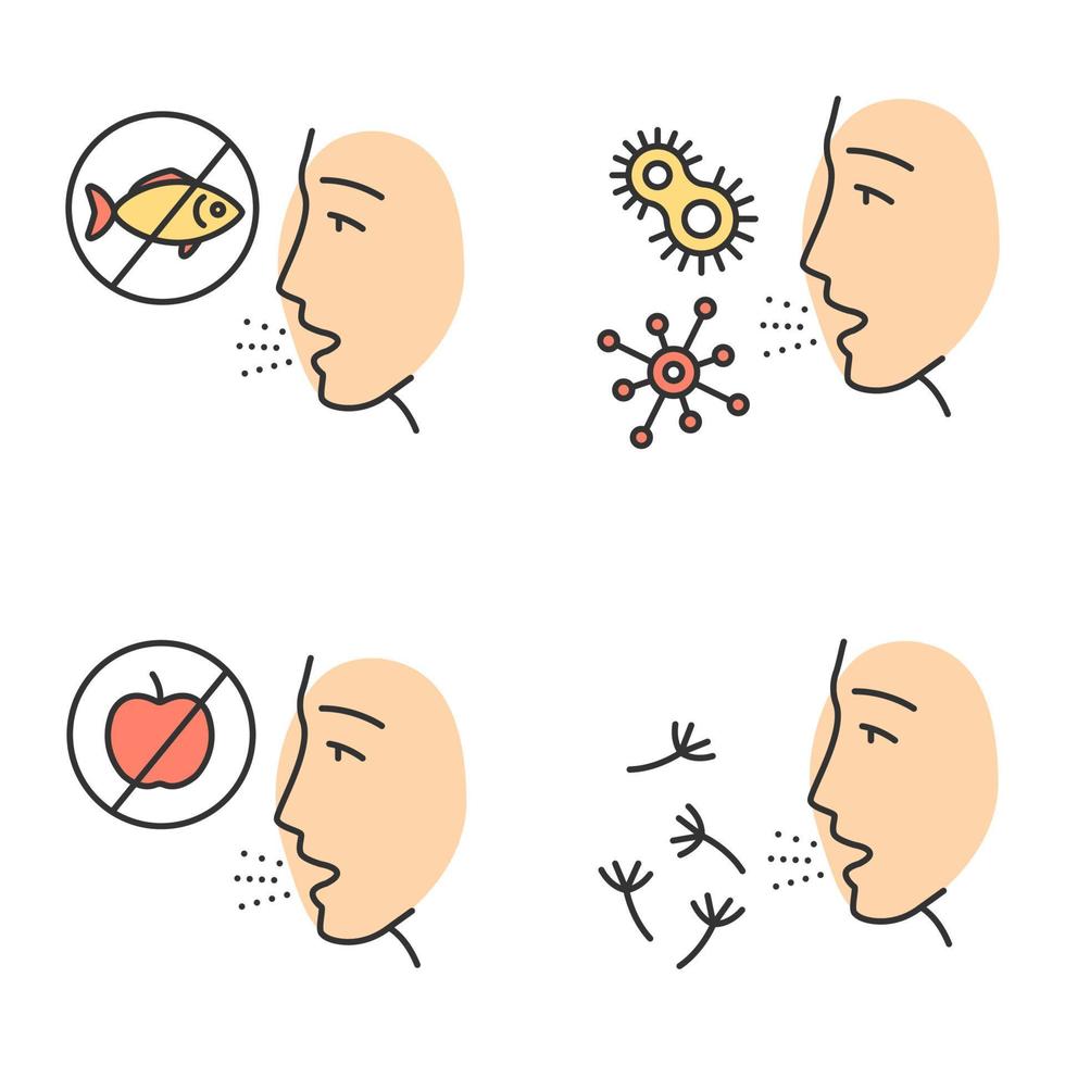 Allergies color icons set. Food, pollen, bacteria intolerance. Allergen sources. Allergic diseases. Hypersensitivity of immune system. Medical problem. Cause of swelling. Isolated vector illustrations