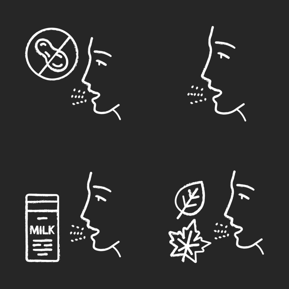 Allergies chalk icons set. Peanut, milk, dust, mold intolerance. Causes and symptoms of allergic diseases. Hypersensitivity of immune system. Medical problem. Isolated vector chalkboard illustrations