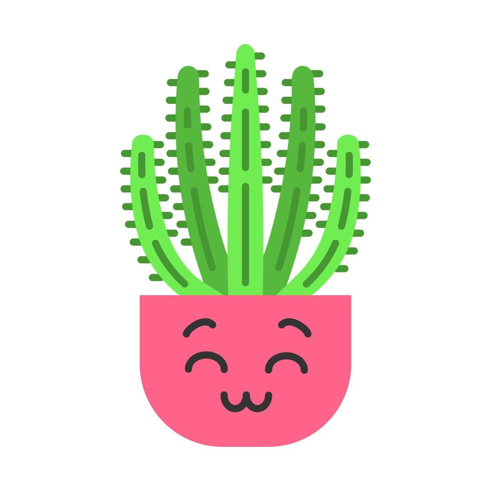 Organ pipe cactus flat design long shadow color icon. Pitahaya with smiling face. Home cacti with smiling eyes. Happy tropical plant in pot. Houseplant. Succulent plant. Vector silhouette illustration