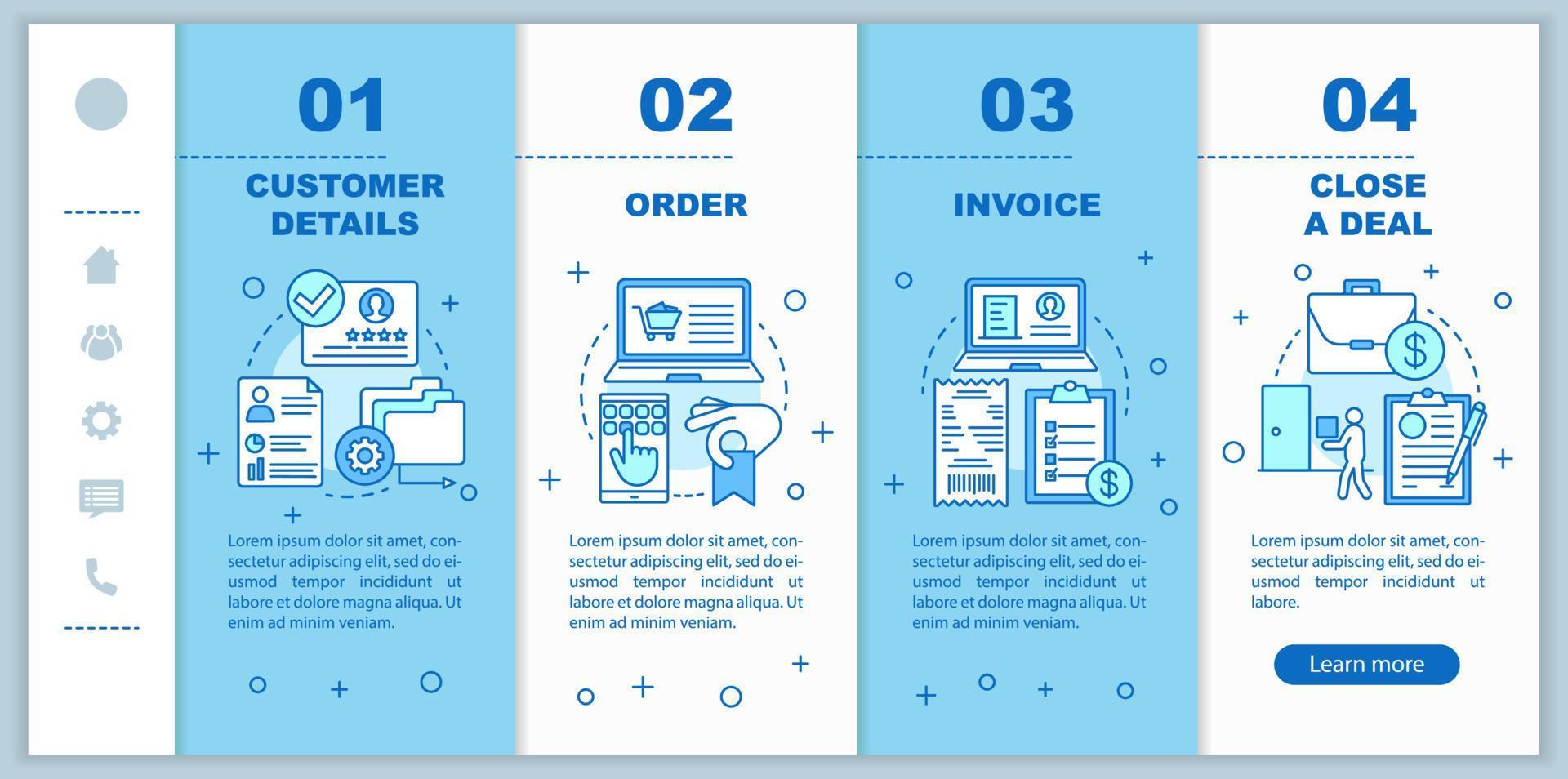CRM system onboarding mobile web pages vector template. Order and invoice creating. Responsive smartphone website interface idea, linear illustrations. Webpage walkthrough step screens. Color concept