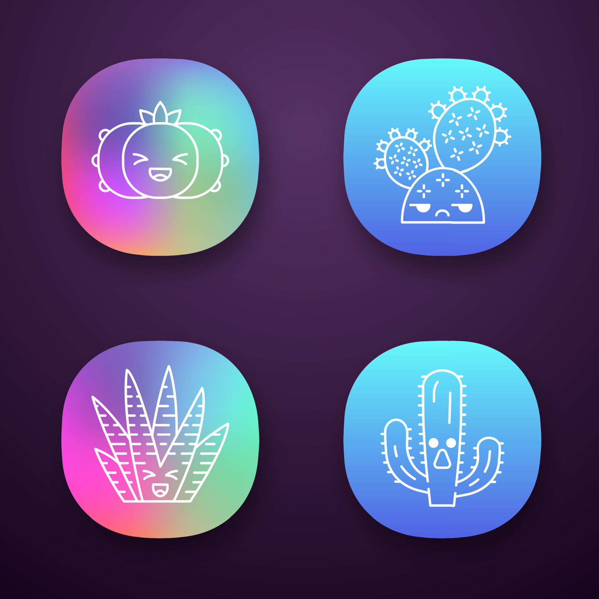 Cactuses app icons set. Plants with smiling faces. Laughing peyote and