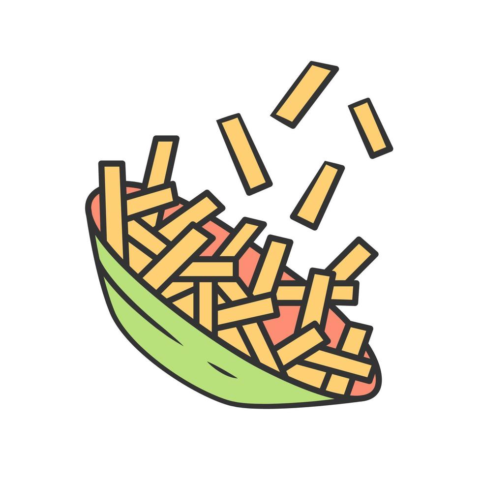Fried potato color icon. French fries, chips in bowl. Fast food snack. Cafe, restaurant, bar menu. Delicious meal. Unhealthy nutrition. Junk food. Isolated vector illustration